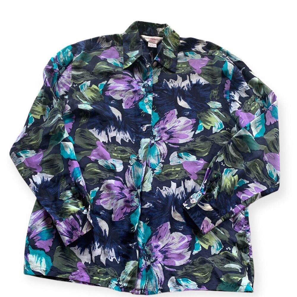 Marguerite Li Silk Blouse Button Front Shirt Blue Green Purple Black Floral M